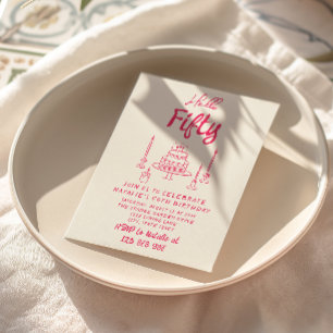 50th Pink Hand Drawn Cake Hello Fifty Birthday  Invitation