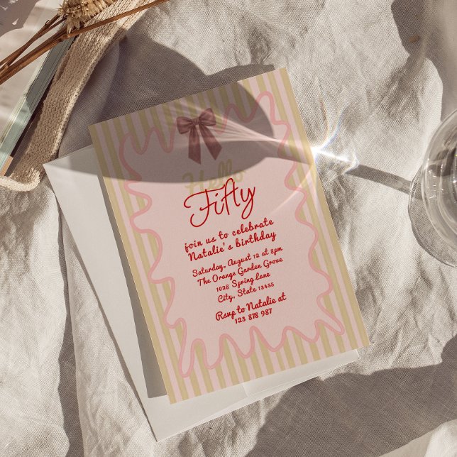 50th Pink Hand Painted Bow Hello Fifty Birthday Invitation (Creator Uploaded)