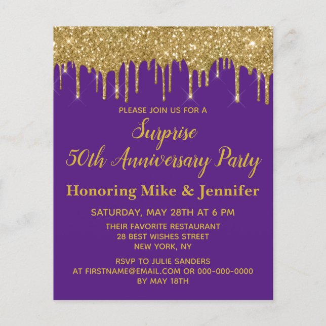 50th Purple Gold Surprise Anniversary Party Invite (Front)