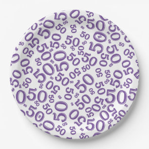 50th Purple/White Random Number Pattern Paper Plate