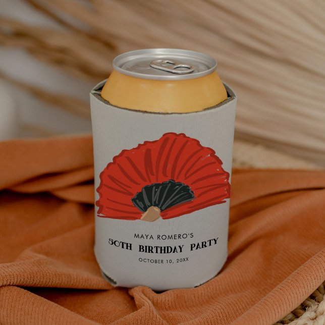 50th Red Flamenco Fan Birthday Party Can Cooler (Red and black flamenco fan illustration birthday party can cooler.)