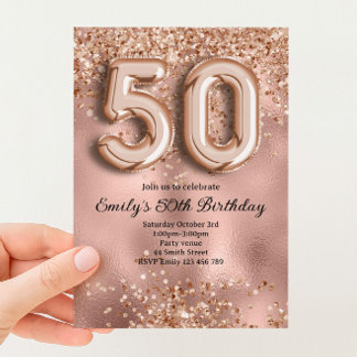 50th Rose Gold Glitter Birthday Invitation