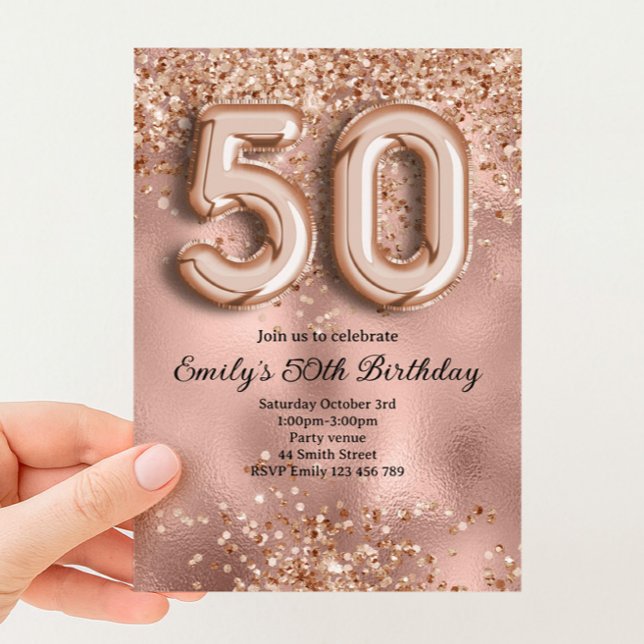 50th Rose Gold Glitter Birthday Invitation (Creator Uploaded)