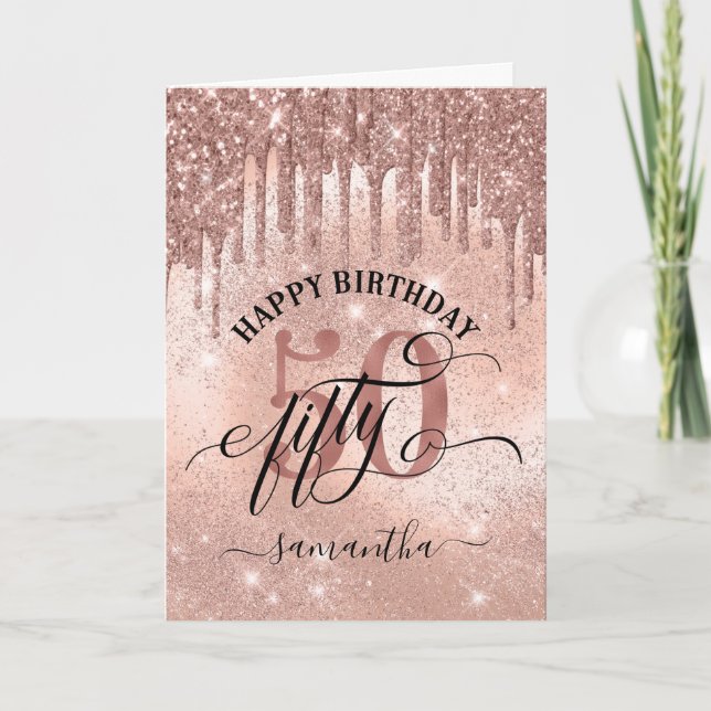 50th Rose Gold Happy Birthday Card (Front)