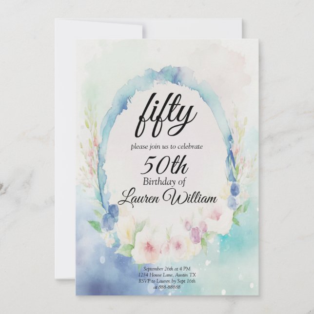 50th Simple Fifty Watercolor Floral Birthday Invitation (Front)