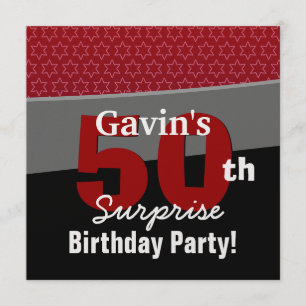 50th Surprise Birthday Black Red White Stars R231 Invitation