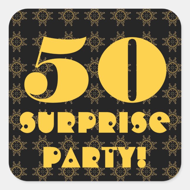 50th Surprise Birthday Favour Black Gold Pattern Square Sticker (Front)