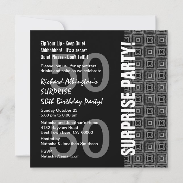 50th Surprise Birthday Modern Black White Grey Invitation (Front)