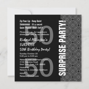 50th Surprise Birthday Modern Black White Grey Invitation