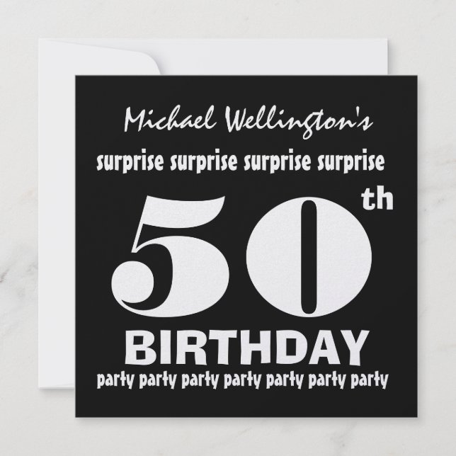 50th SURPRISE Birthday Party Black White W1894 Invitation (Front)