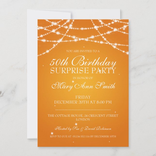 50th Surprise Birthday Party String Stars Orange Invitation (Front)