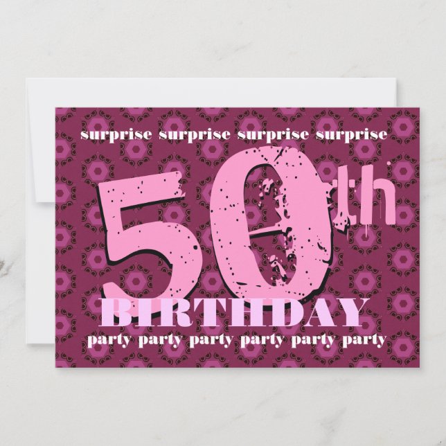 50th SURPRISE Birthday Pink Retro Flowers W1863 Invitation (Front)