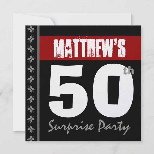 50th Surprise Birthday Red Black White Metallic Invitation (Front)