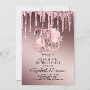 50th Surprise Birthday Rose Gold Glitter Drips Invitation