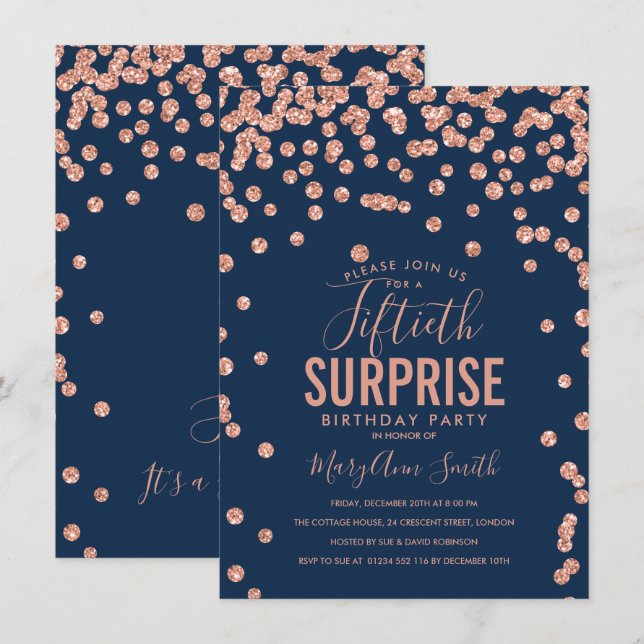 50th Surprise Birthday Rose Gold Navy Blue Invitation (Front/Back)