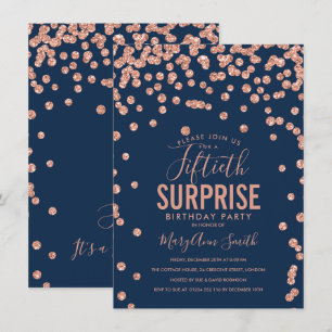 50th Surprise Birthday Rose Gold Navy Blue Invitation