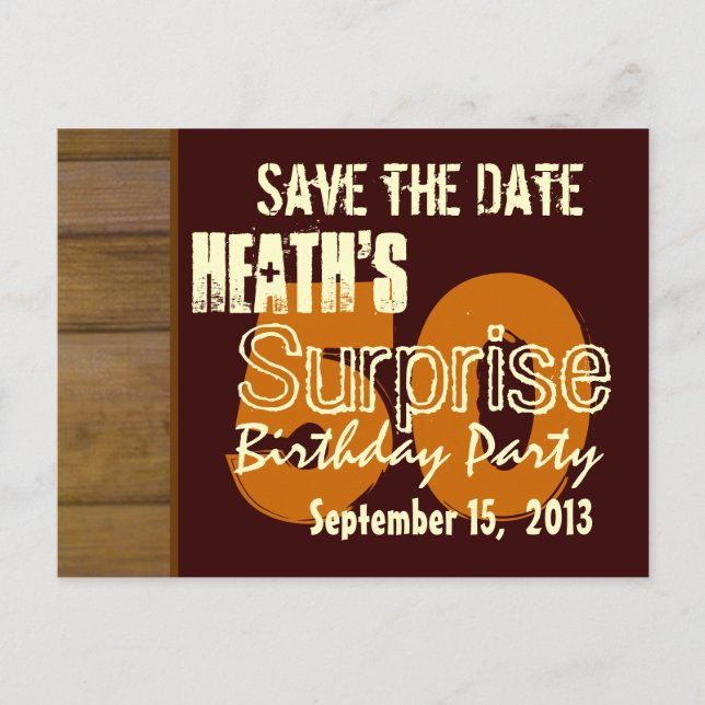 50th Surprise Birthday Save the Date Brown WOod Announcement Postcard (Front)