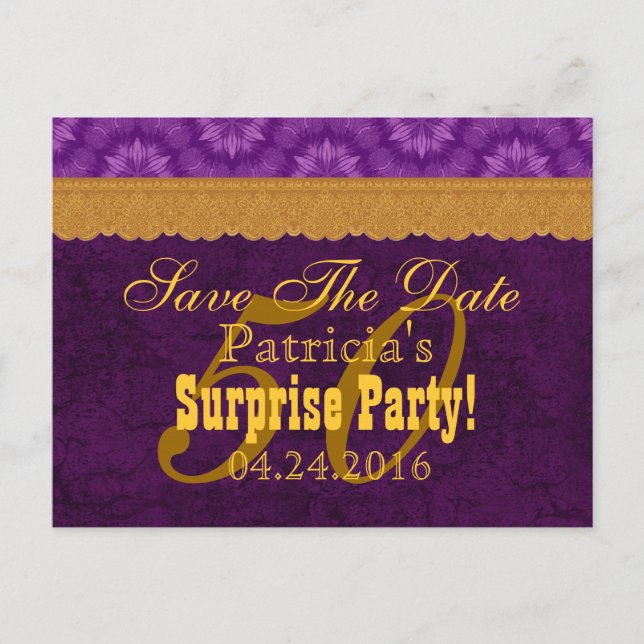 50th SURPRISE Birthday Save the Date Purple v6 Announcement Postcard (Front)