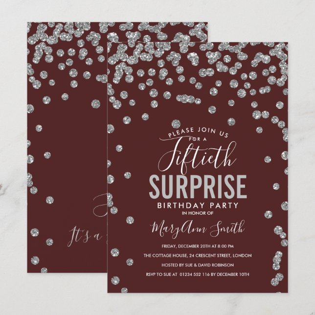 50th Surprise Birthday Silver Burgundy Invitation (Front/Back)