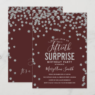 50th Surprise Birthday Silver Burgundy Invitation
