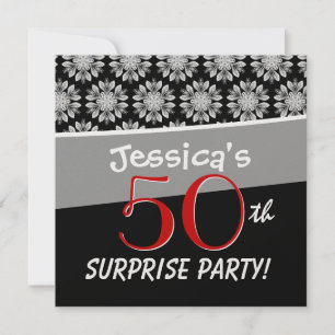 50th Surprise Party Black and White Flower Pattern Invitation