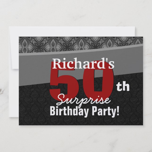 50th Surprise Party Silver Black and Red Invitation (Front)