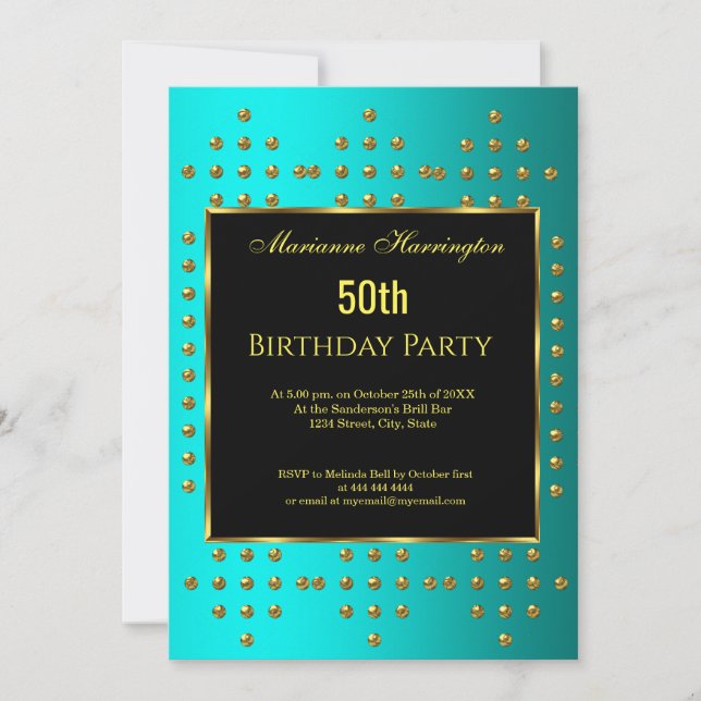 50th teal gold Birthday Anniversary Invitation (Front)