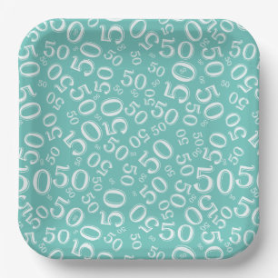 50th Teal/White Random Number Pattern Paper Plate