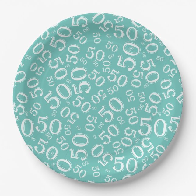 50th Teal/White  Random Number Pattern Paper Plate (Front)