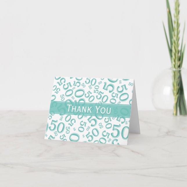 50th "Thank you!" Teal/White Random Number Pattern Thank You Card (Front)