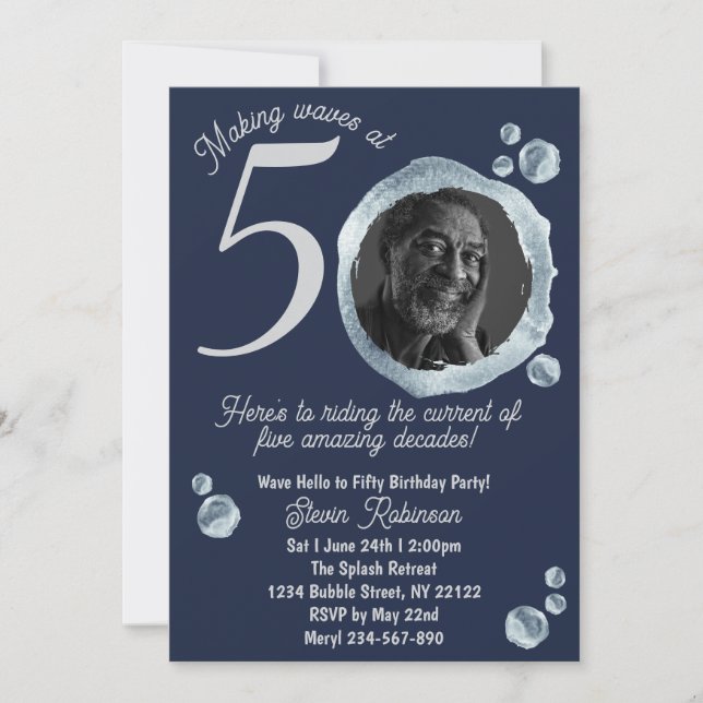 50th Twilight Blue Bubble Birthday Party Photo Invitation (Front)
