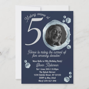 50th Twilight Blue Bubble Birthday Party Photo Invitation