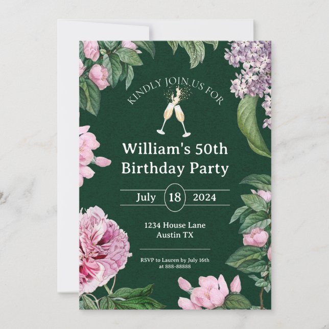 50th Watercolor Elegant Flowers Birthday Invitation (Front)