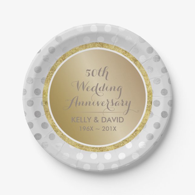 50th Wedding Anniverary Modern Gold & Silver Paper Plate (Front)