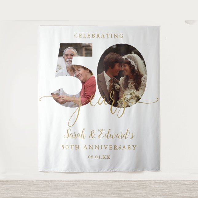 50th Wedding Anniversary 2 Photo Backdrop Tapestry (Front)