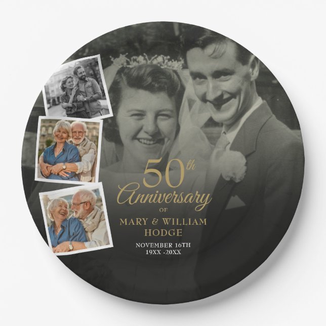 50th Wedding Anniversary 5 Photo Collage Paper Plate (Front)