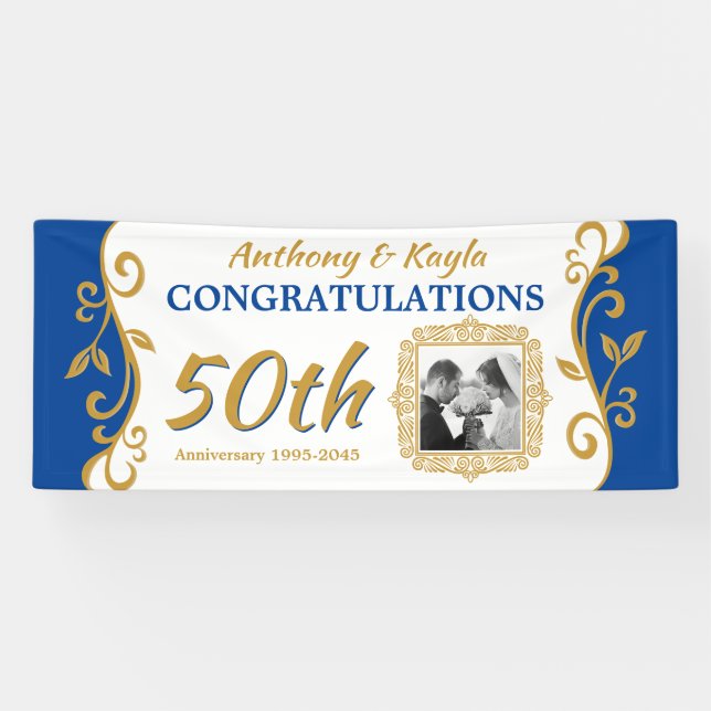50th Wedding Anniversary Add Your Photo Blue Gold Banner (Horizontal)