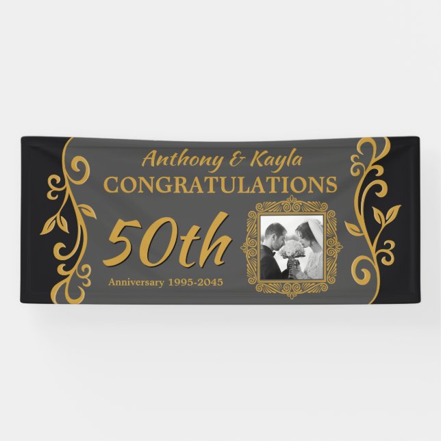 50th Wedding Anniversary Add Your Photo Gold Grey Banner (Horizontal)
