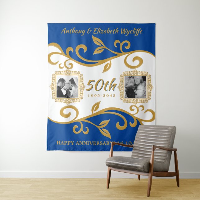 50th Wedding Anniversary Add Your Photos Blue Gold Tapestry (In Situ)