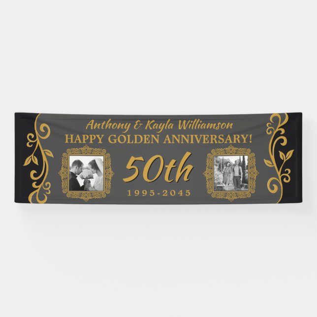 50th Wedding Anniversary Add Your Photos Gold Grey Banner (Horizontal)
