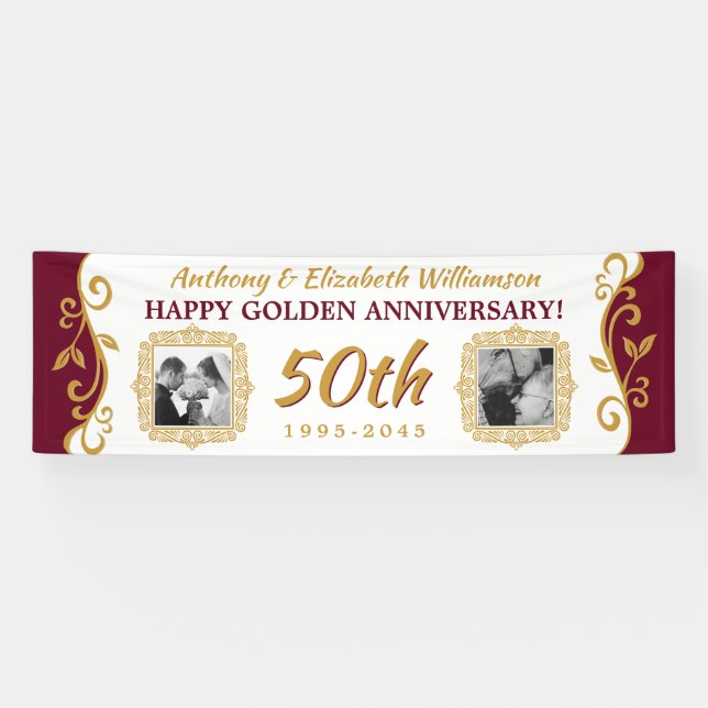 50th Wedding Anniversary Add Your Photos Red Gold Banner (Horizontal)