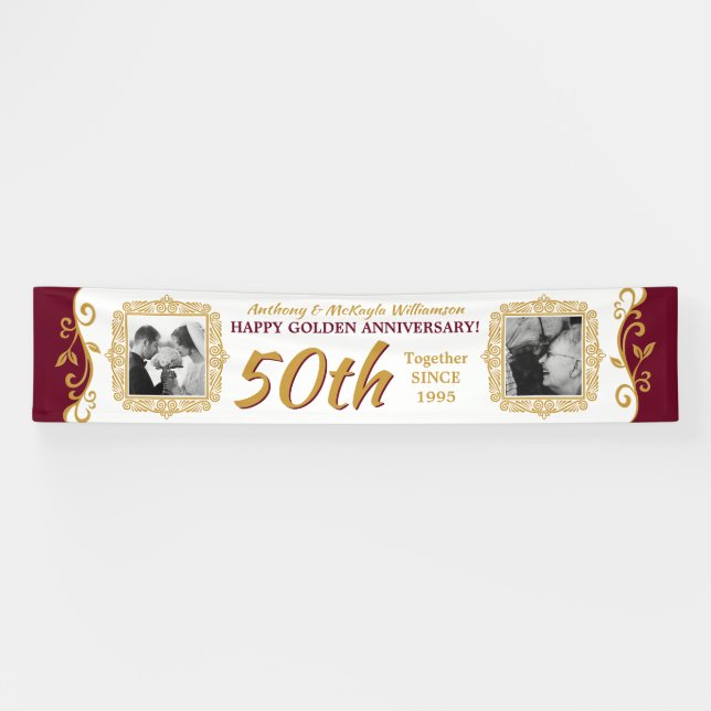 50th Wedding Anniversary Add Your Photos Red Gold Banner (Horizontal)