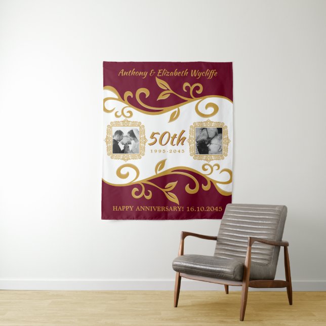 50th Wedding Anniversary Add Your Photos Red Gold Tapestry (In Situ)