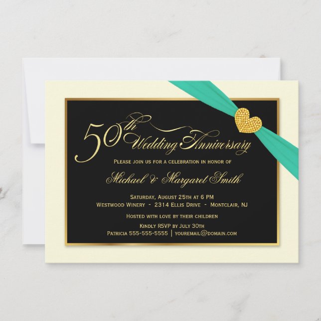 50th Wedding Anniversary Aqua Ribbon Invitations (Front)