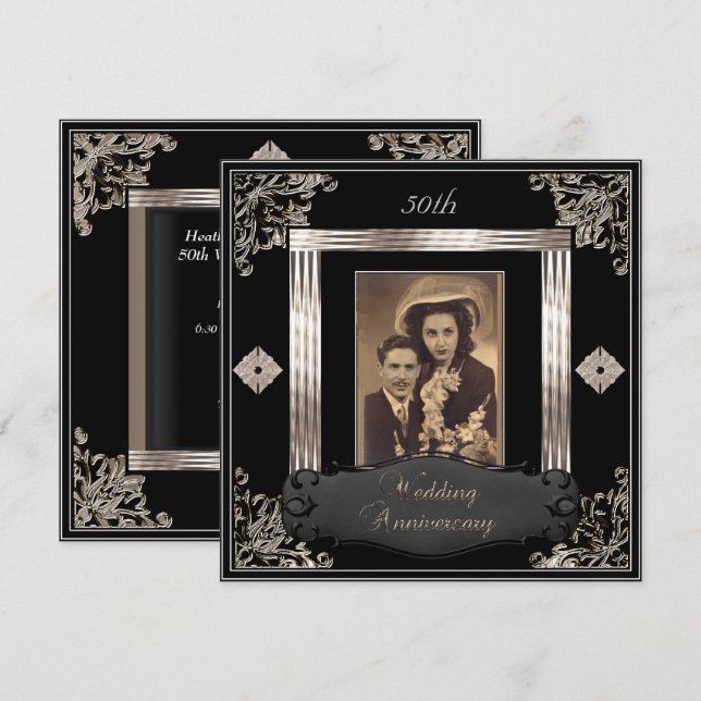 50th Wedding Anniversary Art Deco Black Sepia Invitation (Front/Back)