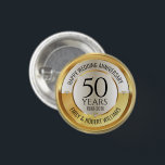 50th wedding anniversary black and gold 3 cm round badge<br><div class="desc">50th wedding anniversary black and gold with heart diamond accents.
Elegant gold and silver modern,  customizable Anniversary design. Easily customize your names and years of your Anniversary.</div>