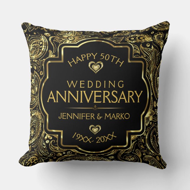 50th Wedding Anniversary Black And Gold Design Cushion (Front)