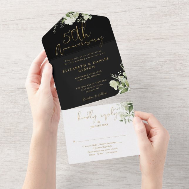 50th Wedding Anniversary Black And Gold Floral All In One Invitation (Tearaway)