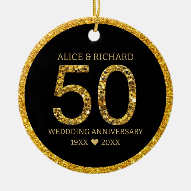50th Wedding Anniversary Black And Gold Glitter Ceramic Tree Decoration (Front)