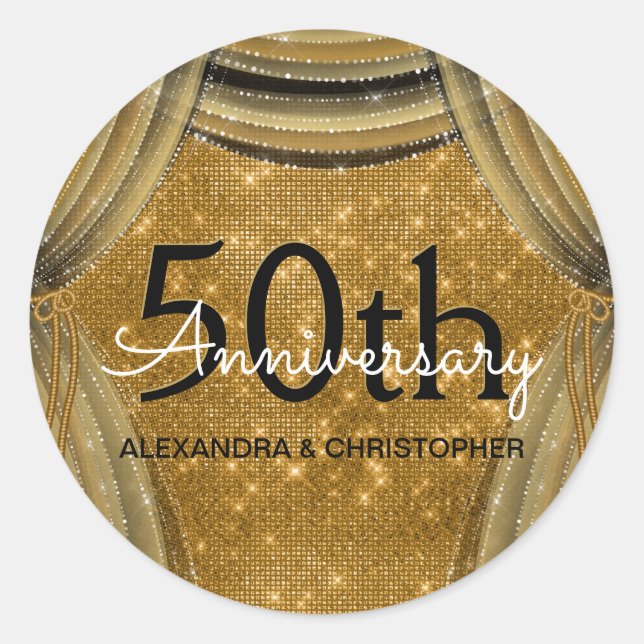 50th Wedding Anniversary Black and Gold Sparkle Classic Round Sticker (Front)